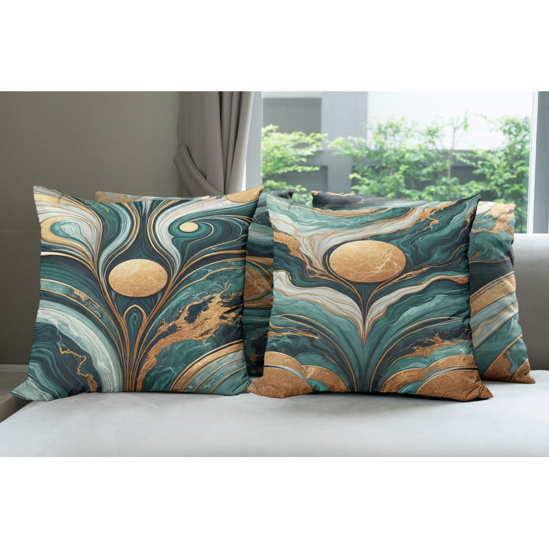 Jade Green and Amber Marble Print Square Pillow Covers