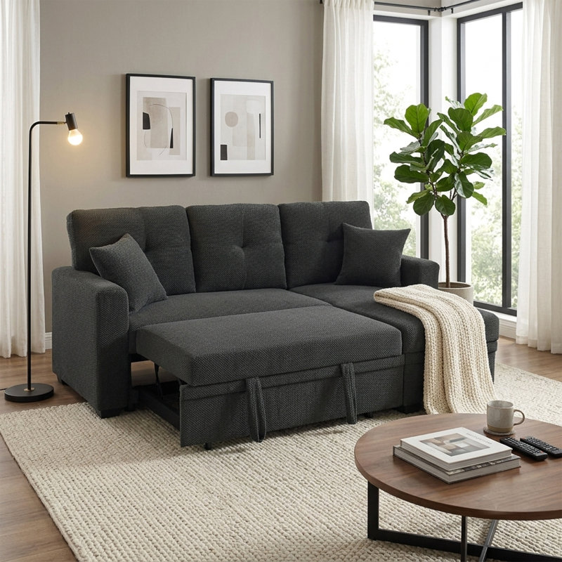 71 " Caramel Sectional Sofa With Pull Out Bed，L Shaped Couch With Reversible Storage Chaise, Dark Gray