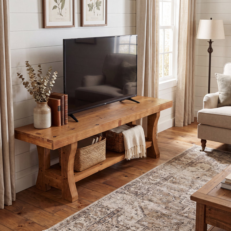 Meuble télé 55,1 po en bois massif pour téléviseur de 60 po ou moins, console avec tablettes de rangement ouvertes pour le salon, la chambre à coucher et assemblage facile