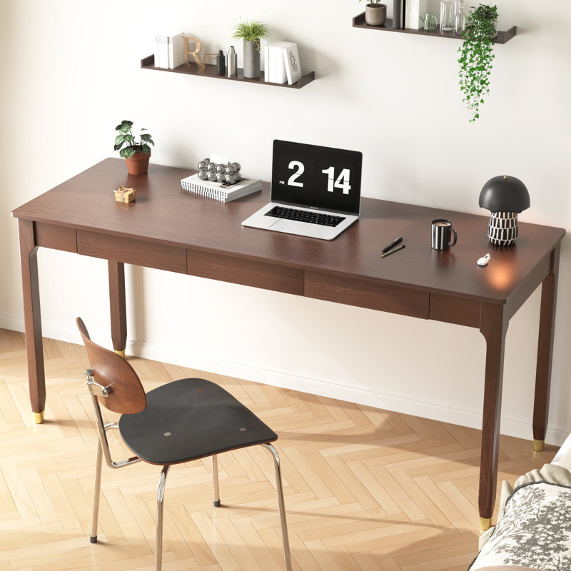 100% Solid Wood Desk 63" Mid Century Modern Desk With 3 Drawers Large 2 Person Vintage Writing Desk Simple Wooden Table For Restaurants, Home, Offices