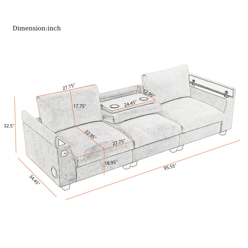 3 Seater Sofa With Usb Charger,Bluetooth Speaker And Storage Armrest, Grey Chenille