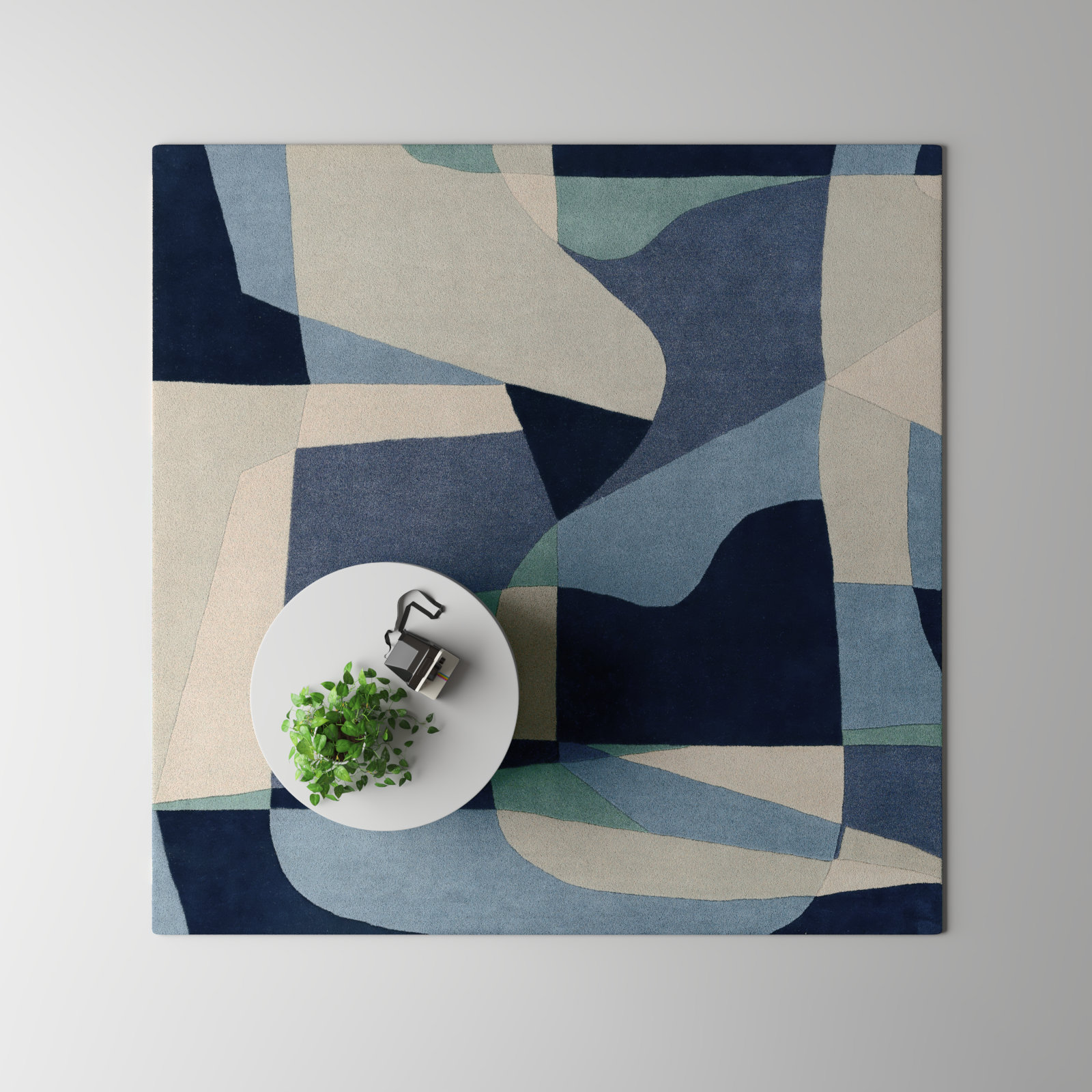 Gaye Teal Navy Beige Hand-Tufted Geometric Rug, Square 8'