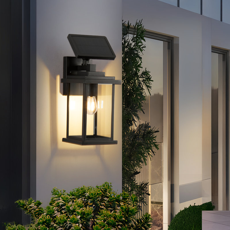 Black Waterproof Solar Outdoor Wall Light with Dusk-to-Dawn Sensor, Separate Panel & Replaceable Battery, 1 Light