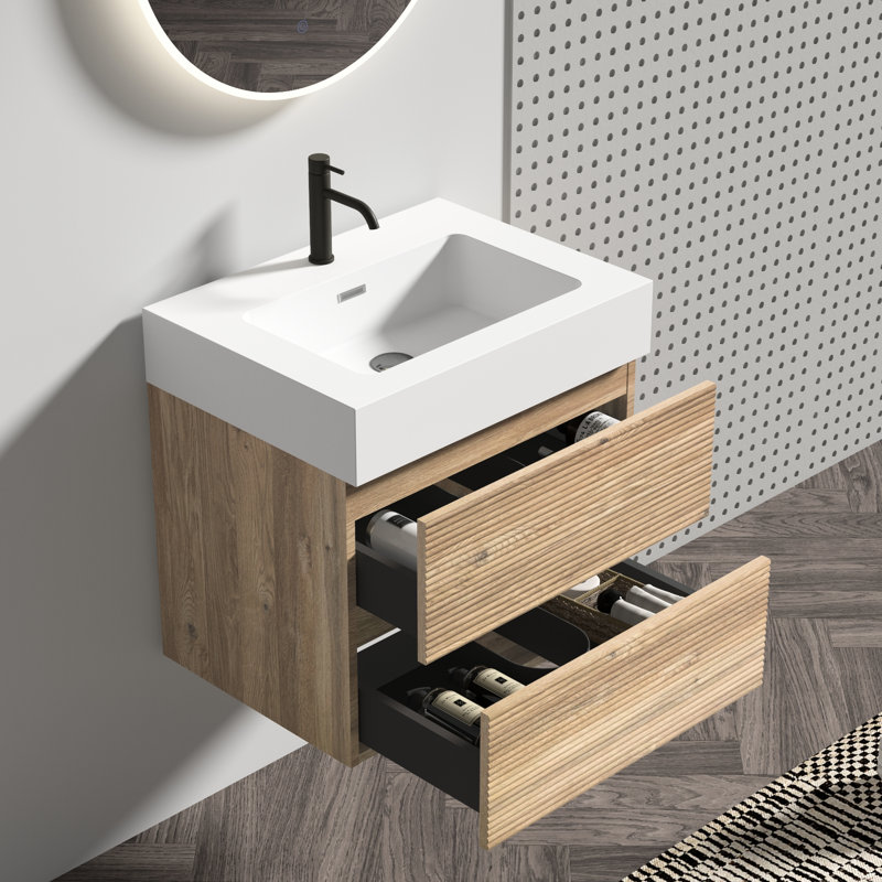 Meuble-lavabo mural, aspect chêne brut, lavabo en quartz blanc, tiroirs silencieux, finition à base d'eau E0, meuble-lavabo moderne de 23,78 po de hauteur avec panneau grillagé, trous de drainage en U,