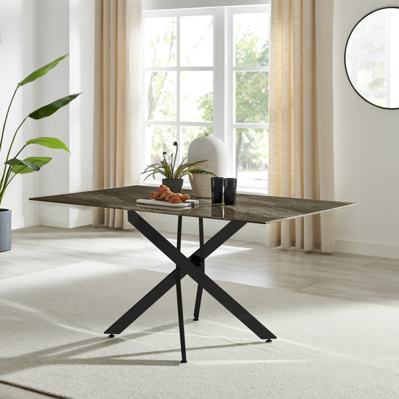 Chanden Luxury Marble Effect Glass 6 Seater Dining Table - Modern Statement Design, Black, Gray