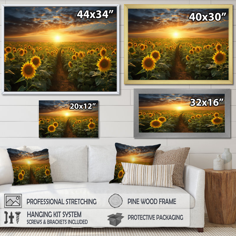 Tournesol doré panoramique - décoration murale florale, Cadre simple noir, H 24 po x l 32 po x P 1 po