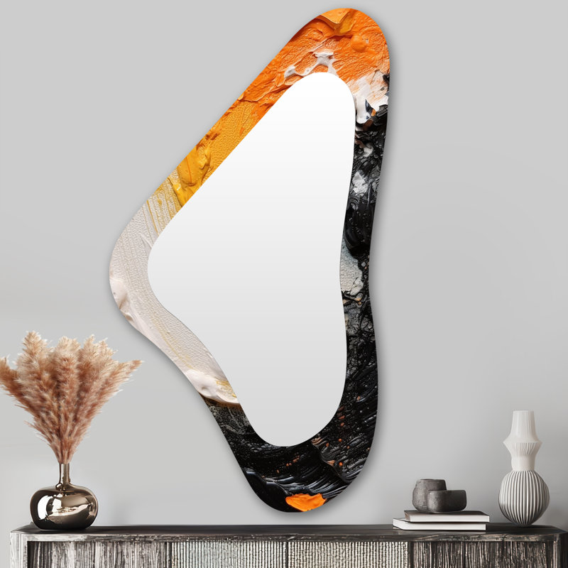 Wordsworth Orange and Black Mystic Spirals III - Abstract Spirals Unique Shape Wall Mirror, Orange Freeform Decorative Mirror, Printed Metal Art