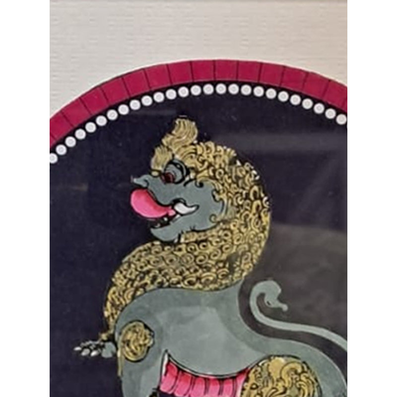 Peinture de style Ganjifa de Simha Yali avec cadre | Couleurs naturelles sur papier | Par Babita