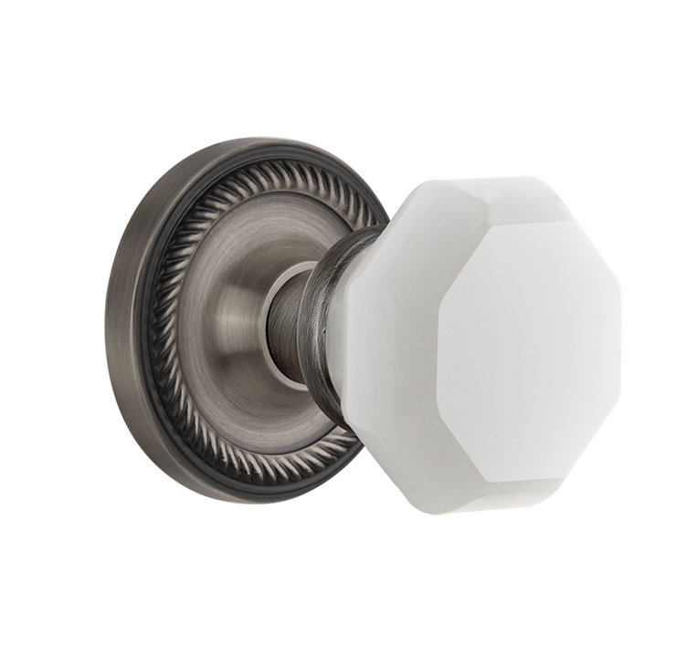 Bouton de porte de mortaise intérieure en verre lait blanc avec rosette corde Waldorf, Étain antique
