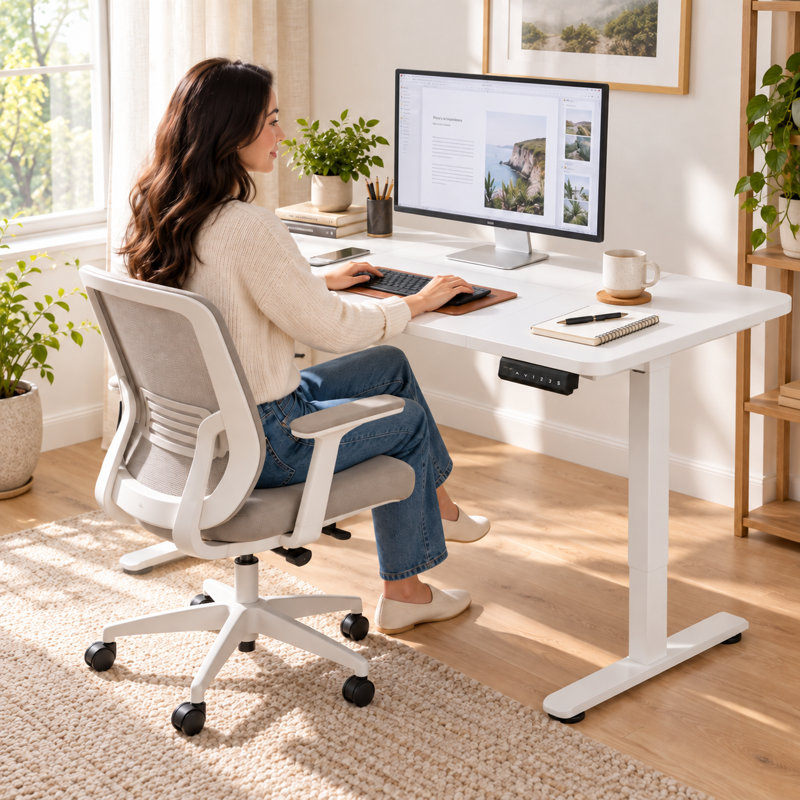 Bureau assis-debout électrique réglable en hauteur, poste de travail pour bureau à domicile, blanc