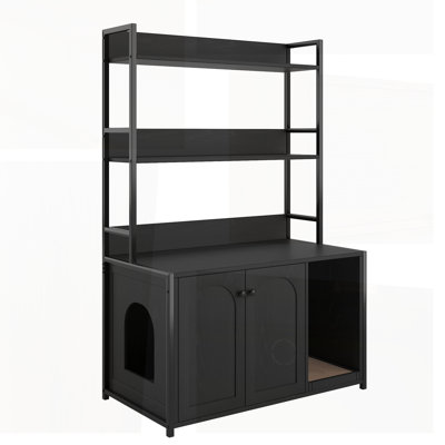 Large Cat Litter Box Enclosure with Shelf Storage, Hidden Washroom, and Scratch Pad, Sturdy Wooden Carwile with 2 Doors