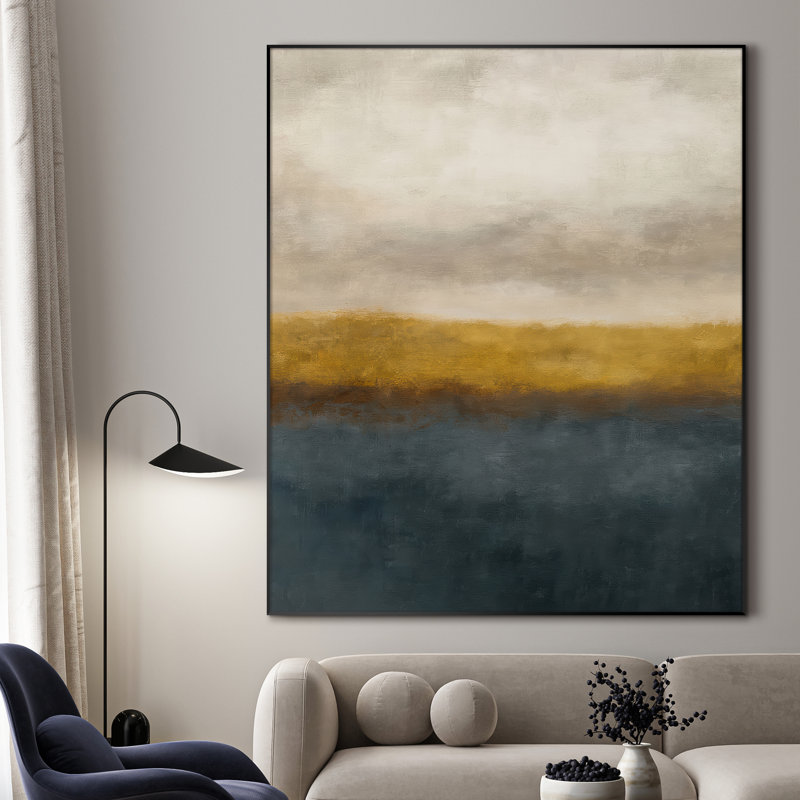 Extra Large Wall Art Fabric Print - Golden Field and Blue Water Abstract Landscape Artwork Decor for Living Room or Bedroom - "Frame Assembly Required (Unfinished Frame)"
