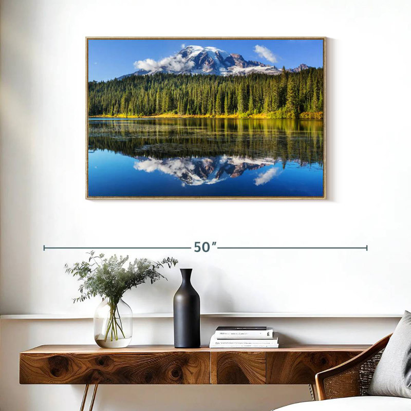 Lac alpin près du mont Rainier, Cadre flottant en bois naturel, 37 po x 25 po