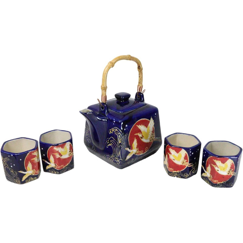 Golden Crane With Red Moon Blue Ceramic Hexagonal Teapot With 4 Tea Cups Set