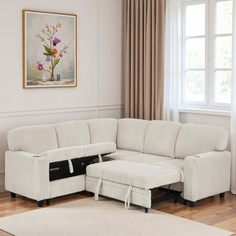 Canapé-lit modulaire en L avec lit escamotable, rangement, charge USB et porte-gobelet, Velours côtelé beige