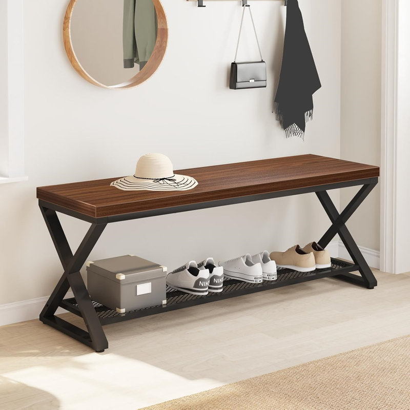 Entryway Bench With Storage, Wood And Metal Indoor Bench For Entry Way