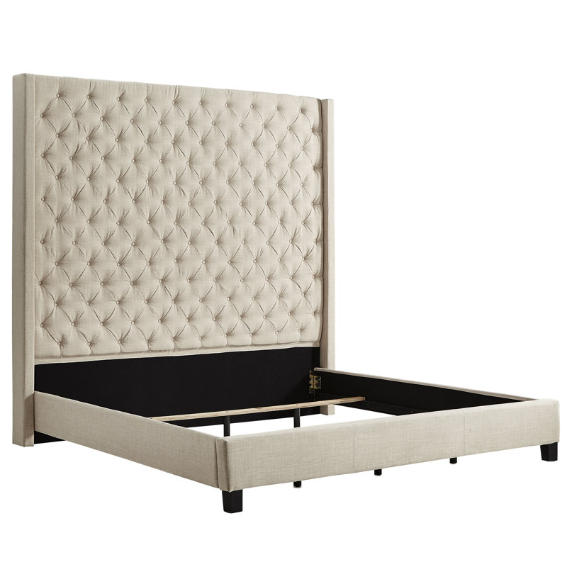 Lit plateforme tapissier Londono, Lin beige chiné, Très grand