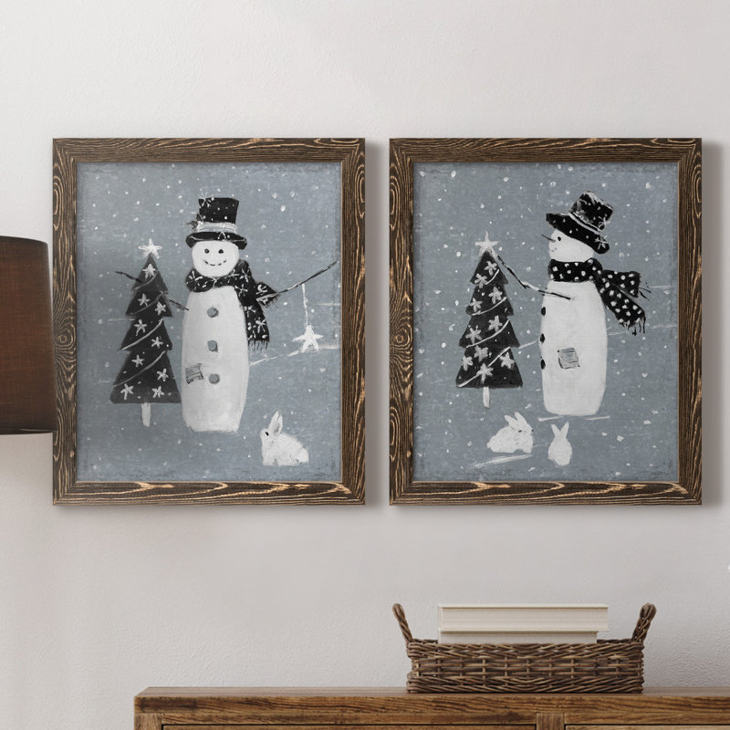 «Snowman Galvanized I», ensemble de 2 reproductions, H 20 po x l 17 po x P 1 po, Toile avec cadre en noyer, Pas de tapis