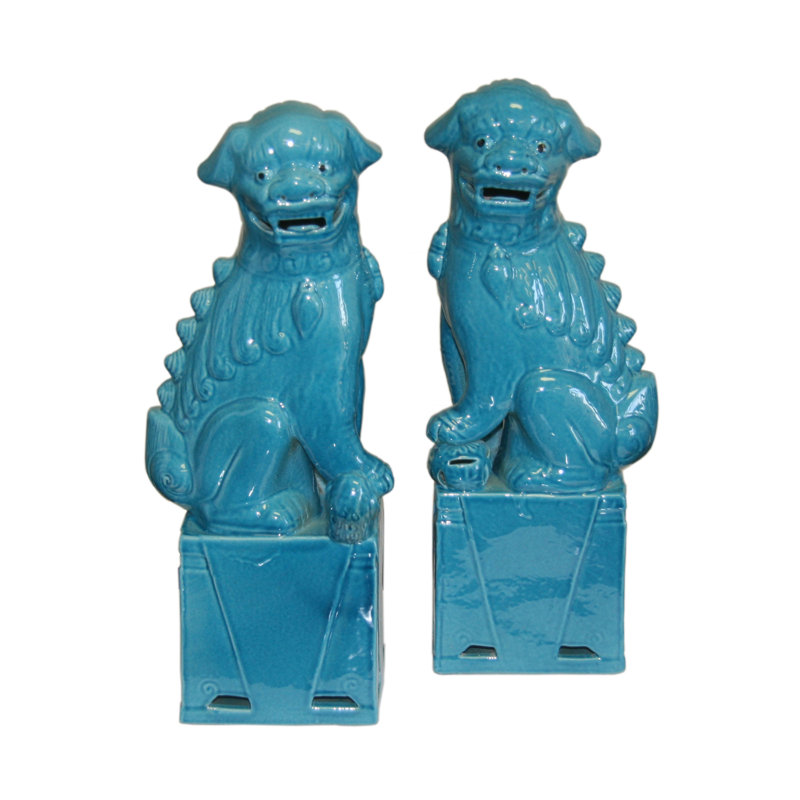 Sitting Foo Dog Figurine, 11" H x 3.5" W x 0.5" D, Turquoise