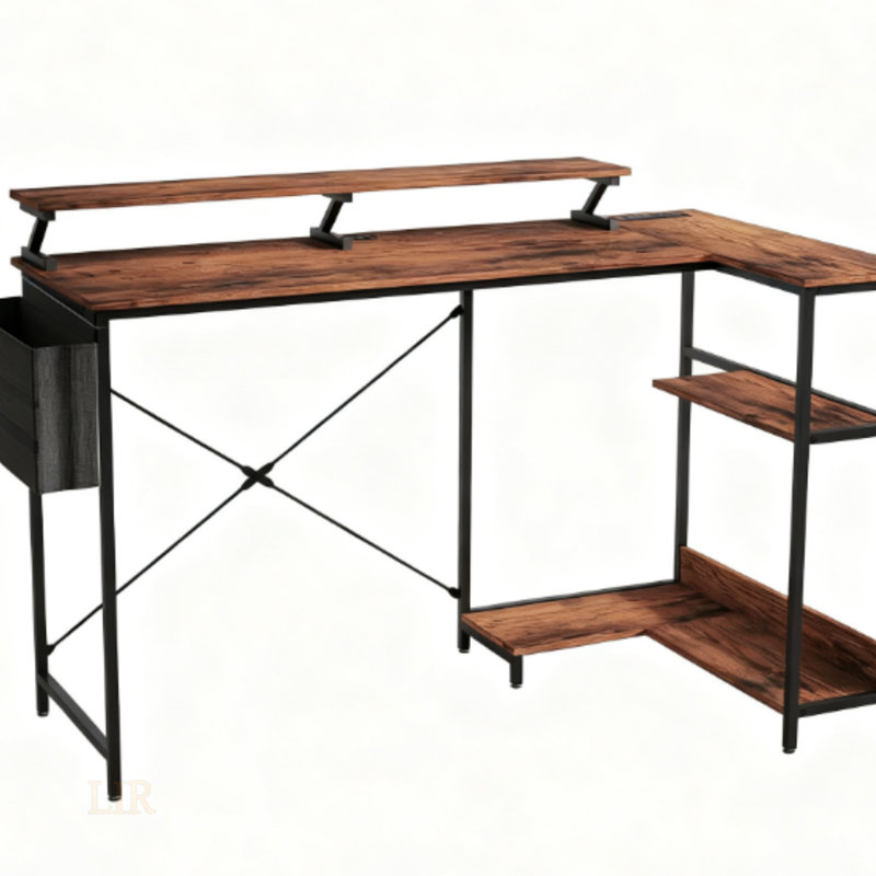 Ergonomic L-Shaped Computer Desk With Reversible Design, Monitor Stand, Power Outlets, And RGB LED Lights