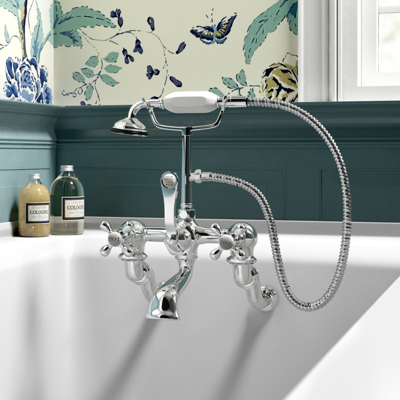 Kingston Brass Vintage Three-Handle 2-Hole Tub Wall Mount Clawfoot Tub Faucet with Hand Shower, Polished Chrome