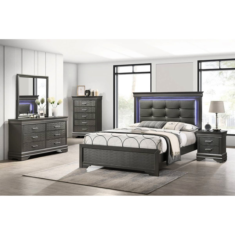 Grand lit avec similicuir gris, capitonnage à boutons carrés et lumières à DEL, tête de lit moderne pour aménagement de chambre à coucher, amélioration de l'espace
