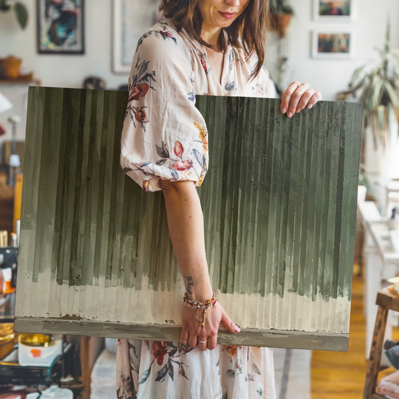 Art mural sur toile, rayures vertes, toile abstraite minimaliste vert et beige, art géométrique prêt à accrocher