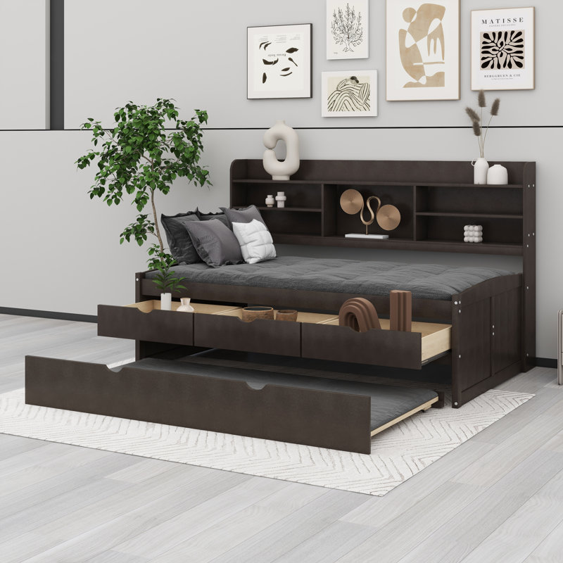 Wood Captain Bed Mattress Foundation With Built-In Bookshelves,Three Storage Drawers And Trundle, Twin, Antique Brown