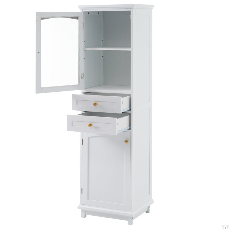 Armoire de rangement pour salle de bain de 63 po de hauteur avec portes en verre, deux tiroirs et tablettes réglables, panneau de fibres à densité moyenne, peint - parfait pour exposer vos articles préférés
