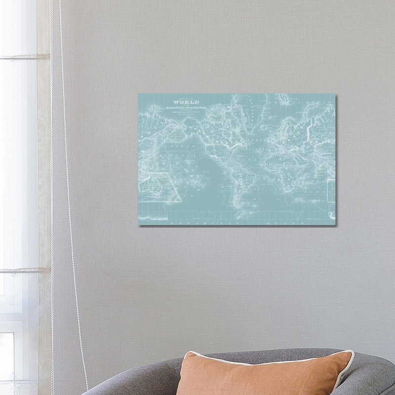 World Map On Aqua - Wrapped Canvas Print, 45.72cm H x 66.04cm W x 1.91cm D