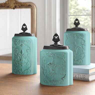 Turquoise Vintage Ceramic Kitchen Flour Canister, Cookie Jar with