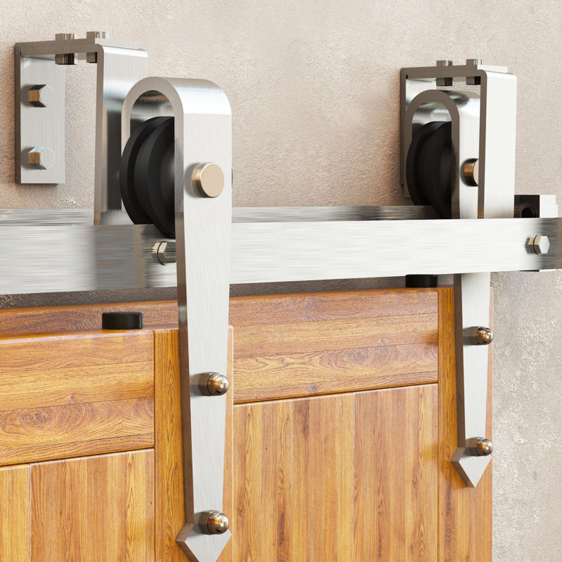 Brushed Nickel Arrow Design Double Track Bypass Two Door Hardware Kit （Door Not Included）, 84 in.