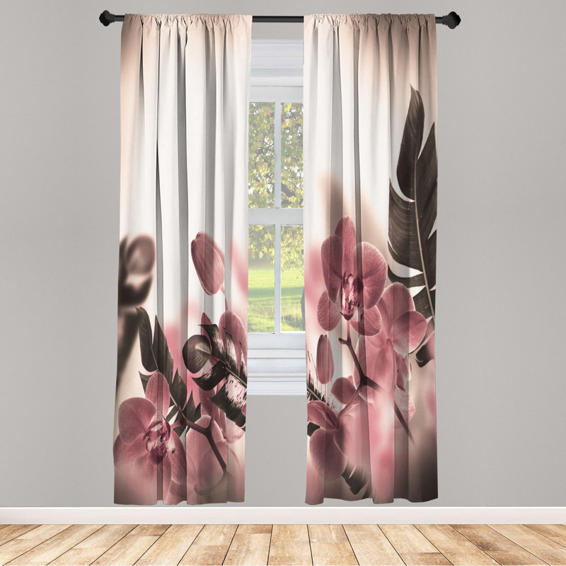 Microfiber Floral Semi-Sheer Rod Pocket Curtain Panels, 28" W x 63" L, Peach Pink/Brown/White