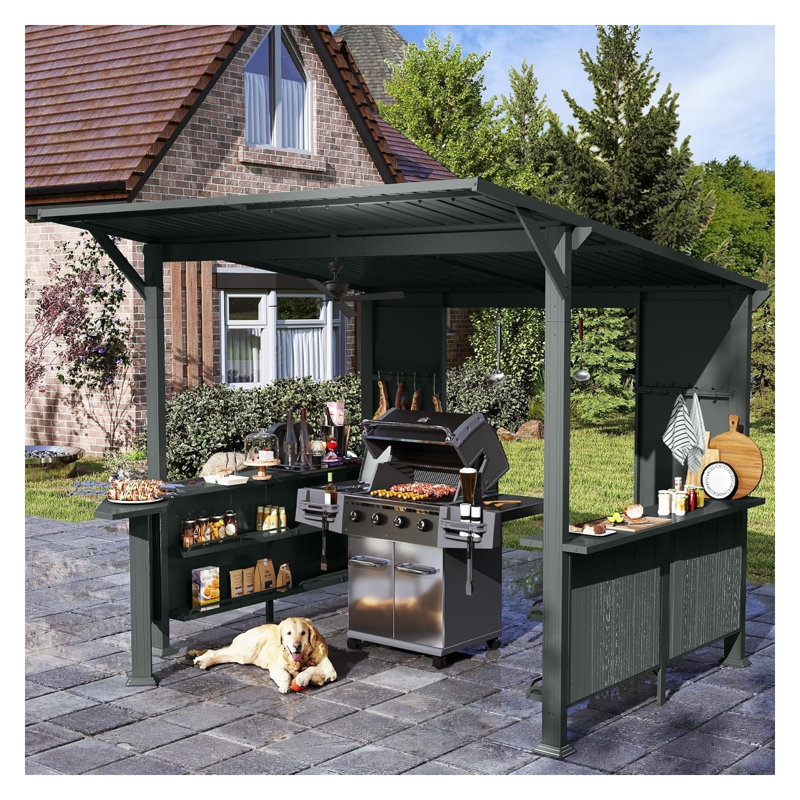 Pavillon de jardin avec toit rigide de 9 x 10 pi avec tablettes - Abri de barbecue permanent pour terrasse, Noir satiné, Grey