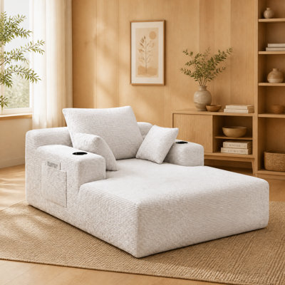 Corduroy Chaise Lounge White Sofa with Cup Holders & Storage Pocket, No Assembly, Oversized Deep Seat with Pillows