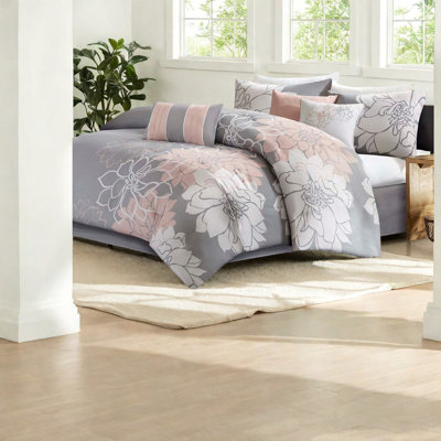 Ensemble de literie en satin de coton de qualité supérieure, gris / pêche, édredon floral avec coussins décoratifs pour les chambres modernes