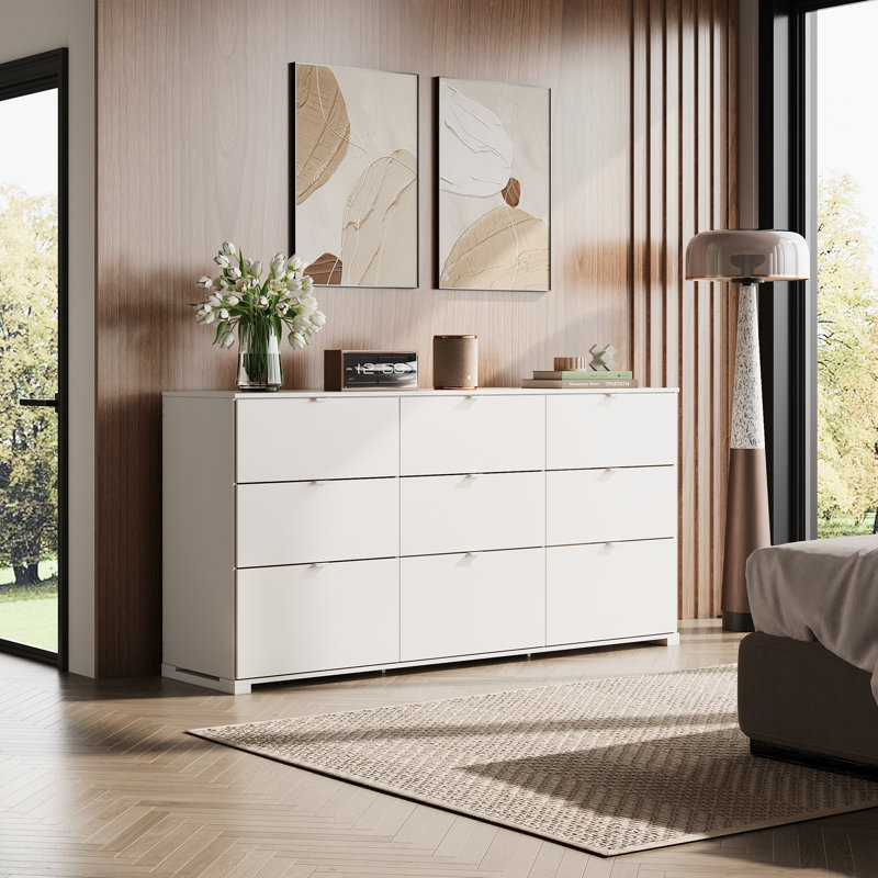 9 Drawer 63" Wide Dresser for Bedroom, White Wooden Large Chest of Drawers Organizer with Sturdy Metal Handle, Modern TV Stand Dresser for Living Room Office, Hallway, Ball Bearing Slide