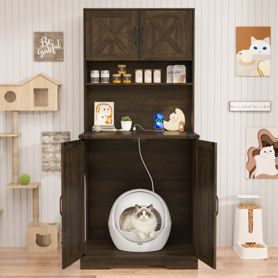 Enceinte de litière pour chat 71 pouces, meubles de litière cachés avec tablettes ouvertes et prises de courant, meubles de salle de bain en bois pour animaux de compagnie avec serrures, chatière d'intérieur, litière cachée pour salon et entrée