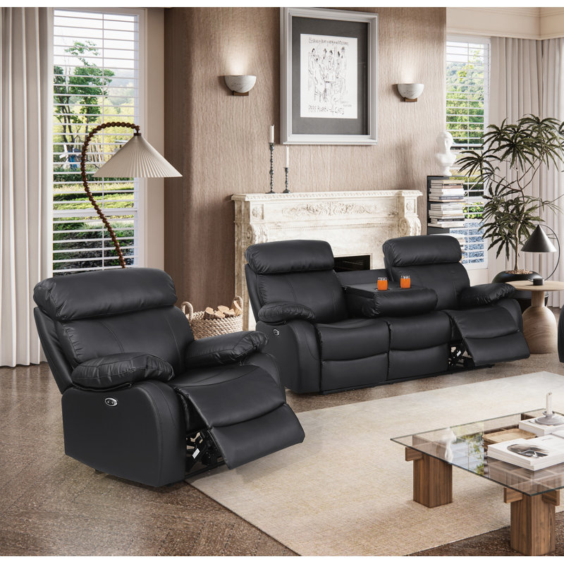 Avrielle Breathable Leather Power Reclining Living Room Set Reclining Sofa + Recliner Single Chair Set, Black