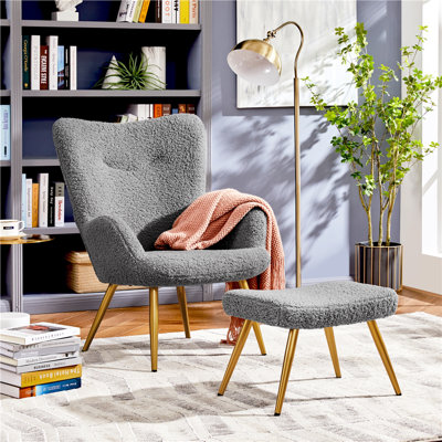 Boucle Accent Chair, Upholstered Armchair with Footstool