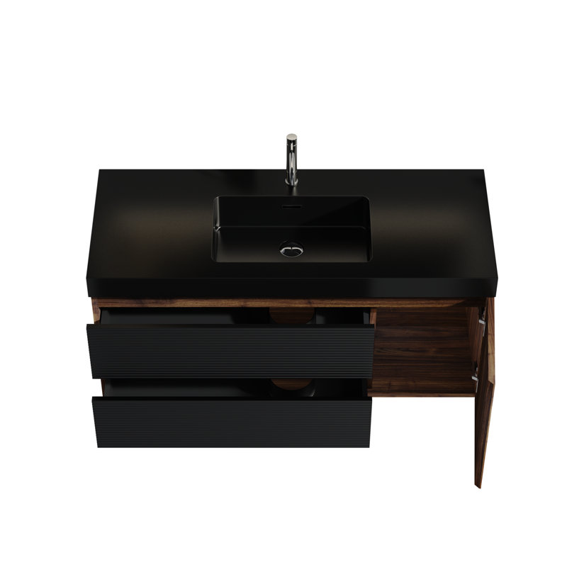 Ensemble de meuble-lavabo moderne en noyer avec évier à quartz et rangement pour armoire