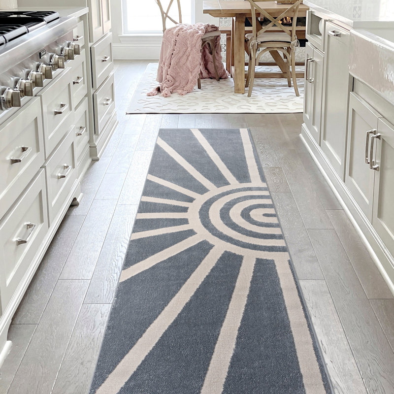 Banesa MidCentury Scandinavian Abstract Sun Two-Tone High-Low Blue/White Rug, Runner 2' x 8'