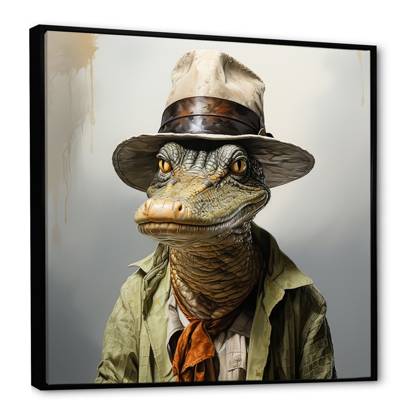 «Alligatorin suit I» - Grand art mural en alligator, Cadre flottant noir, H 30 po x l 30 po x P 1,5 po