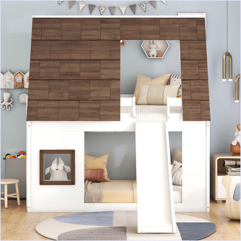 Lit superposé simple en bois avec toit, échelle et toboggan, Blanc