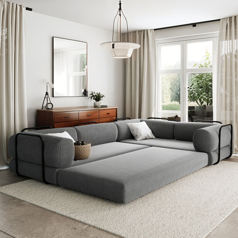 Boneless 116'' L-Shaped Modular Corduroy Sofa Bed, Convertible Sleeper Compression Sofa for Living Rooms, Gray Corduroy