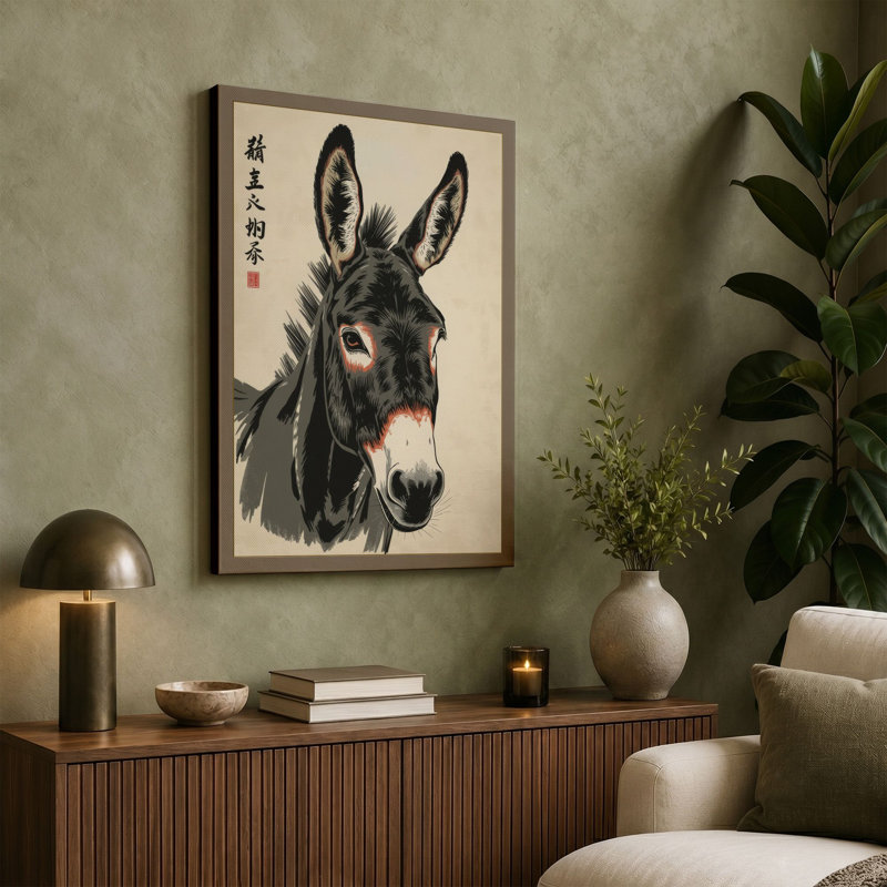 Donkey in Ink Japandi - Wrapped Canvas, 30x20 - 76.2 x 50.8 cm, Taupe Border