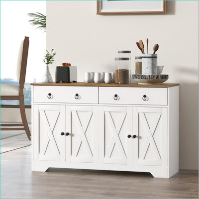 Sideboards Farmhouse White Buffet Cabinet with 2 Drawers, 4 Barn Doors &amp; Adjustable Shelves | Wood Grain Top | Particle Board Frame