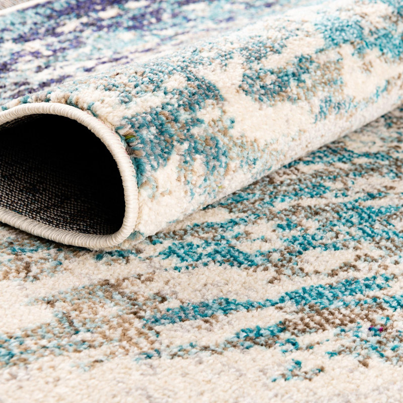 Tapis abstrait beige / bleu, Octogone 5 pi 3 po x 5 pi 3 po
