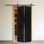 2 panneaux pliables de 84 po x 42 po Porte de grange coulissante en bois de noyer noir avec ensemble de quincaillerie-132716910