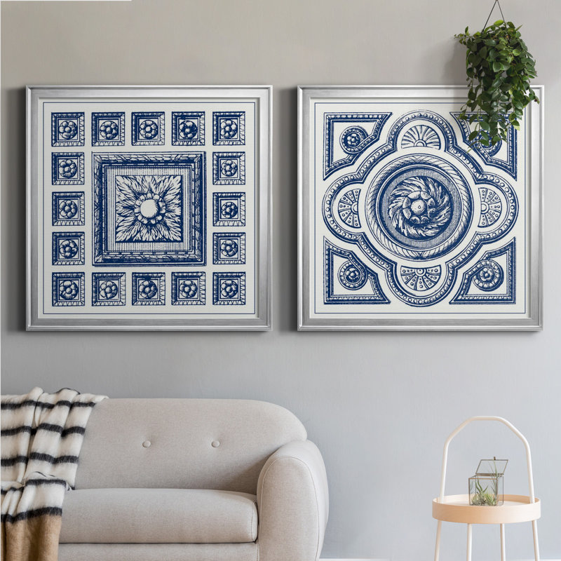 Indigo Medallion IV Indigo Medallion IV - ensemble de 2 impressions encadrées, Toile avec cadre argenté, Pas de tapis